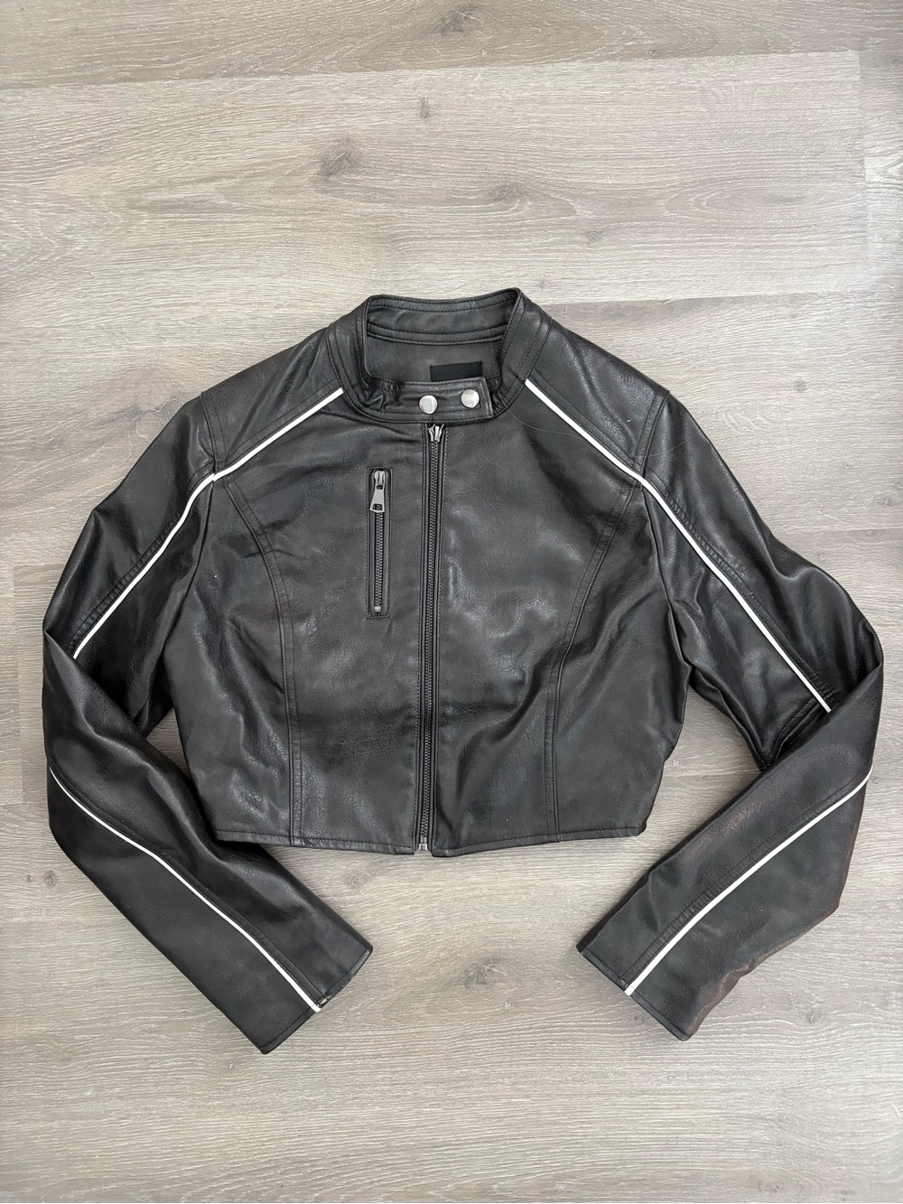 Love Tree Black Cropped Moto Jacket with White Piping
